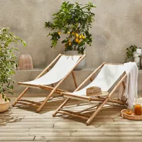 sweeek - 2er-Set Gartenliegen aus Bambus, klappbar, Liegefläche aus Stoff - Weiß