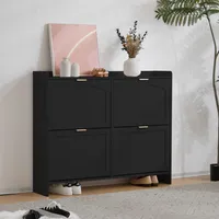 MODFU Schuhschrank Schuhkommode mit 4 Klappenfächern, Schuhwechselbank mitoffenen Ablageflächen, Schuhregal für Flur, Wohn- und Schlafzimmer, 110x90x24 cm, Schwarz