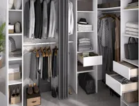 Eckkleiderschrank mit Vorhang & 1 Tür - Mit Spiegel - B 231 cm - Weiß & Grau - BERTRAND