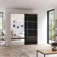 Schwebetürenschrank Schrank Kleiderschrank mit Spiegel 183 cm Sonoma Eiche/Schwarz mit Spiegel Multi 31
