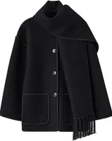 ASKSA Damen Herbst Winter Mantel Mit Schal Lose Langarm Einreiher Maentel Weibliche Warme Quaste Jacke, Schwarz, S