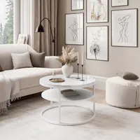 Runder Couchtisch CIRI SLIM mit Ablage, Weiß / Weiß hochglanz