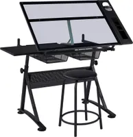 Yaheetech Zeichentisch-Set Schreibtisch Kippbarer Tischplatte Architektentisch Höhenverstellbar mit Viel Stauraum & Hocker Schreibtisch Schwarz