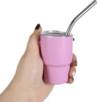 jinaishop Mini Schnapsglas Edelstahl 90 ml, Sublimationsbecher mit Strohhalm und Deckel, doppelwandige Trinkgläser für heiße und kalte Getränke Rosa