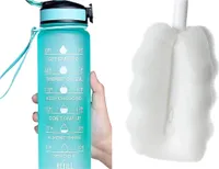 Športová fľaša na pitie 1 l, motivácia na pitie, slamka a loptička na šejker, fitness, škola, kancelária, nepriepustná (zelená + čistiaca kefka)