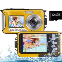 Digitální fotoaparát Fotoaparát 2,7K Full HD 48MP 16X digitální zoom Selfie Dvojitá obrazovkaNabíjecí podvodní fotoaparát s 64G kartou pro šnorchlování Žlutý