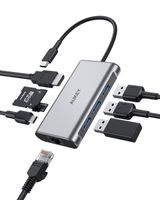 AUKEY CB-C91 8 v 1 USB C Hub s 4K HDMI, gigabitovým ethernetovým portom Silver, 1 nabíjacím portom USB Power Delivery a slotmi na karty SD a Micro SD.