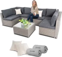 di volio Gartenmöbel-Set Torino aus Polyrattan, 6 Module und 1 x Couchtisch, inkl. Verbinder, Polsterauflagen, Rückenlehnen-Kissen, 1 Fleece-Decke