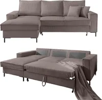 ECKSOFA mit Schlaffunktion und Bettkasten 240/150/92 cm Wellenfedern, Récamiere links, Cord Braun Taupe / 17225