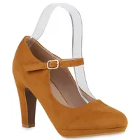VAN HILL Damen Mary Janes Pumps Trichterabsatz Klassische Schuhe 840679, Farbe: Hellbraun, Größe: 36