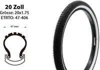 20 Zoll Fahrrad Reifen 20x1.95 BMX Mantel Decke 47-406 Whitewall tire