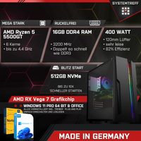 SYSTEMTREFF Gaming Komplett Set - AMD Ryzen 5 5500GT - AMD RX Vega - 7Core 4GB - 16GB  - 512GB M.2 NVMe +  - 24 Zoll TFT - Desktop PC