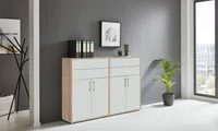 Aktenschrank TABOR 17 in Eiche Sonoma / weiß matt, Schrankwand, Büroschrank, abschließbar, Metallgriffe