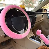 Potah na volant plyšový, potah na volant zimní, potah řazení ruční brzdy a chránič volantu, univerzální potah na volant plyšový teleskopický potah na volant potah na volant na autodoplňky, růžový