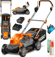 MASKO® Akku Rasenmäher ECO-X10 inkl. 1 oder 2 Akkus Li-Ion Batterie 4 Ah & Doppel-Ladegerät – Rasentrimmer, 25-75mm Schnitthöhenverstellung, 33/37/43cm Schnittbreite, Inkl. Handschuhe & Bürste