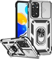 Redmi Note 11 Hülle mit Schiebe Kamera Schutz und Ringhalter Ständer Robust Rüstung Schutzhülle für Xiaomi Redmi Note 11 / Note 11S Silber