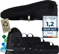 TRAVEL DUDE Packwürfel Set mit Kompression aus recycelten Plastikflaschen | Leichte Packing Cubes | Packtaschen Set (Schwarz, 7-teilig)