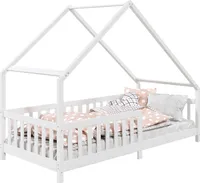 Hausbett CORA aus massiver Kiefer, Montessori Bett in 90 x 200 cm, Kinderbett mit Rausfallschutz und Dach in weiß