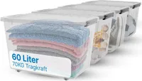2mGoods - 4er Set 60L robuste Aufbewahrungsboxen mit Deckel L55xB40xH35 cm inkl. Rollen, große Plastikboxen, stapelbar, BPA-frei, transparente