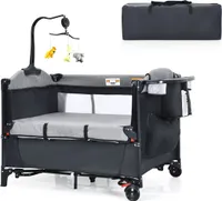 5 in 1 Reisebett, Baby Bett Laufstall bis 15 kg, Beistellbett mit Wickeltisch, Babyschaukel mit Matratze 120 x 60cm(Schwarz)
