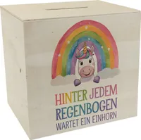Lächelndes Einhorn Spardose aus Holz Hinter jedem Regenbogen