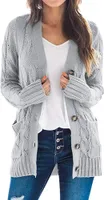 ASKSA Damen Strickjacke Strickpulli Langarm mit Taschen Knopf Pullover Casual Einfarbig Strickmantel, Grau, S