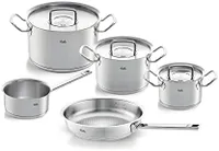 Fissler Original-Profi Collection / Edelstahl-Kochtopfset, 5-teilig, Topf mit Metall-Deckel (3 Kochtöpfe,1 Pfanne-unbeschichtet, 1 Stielkasserolle-deckellos) - Induktion, 084-378-05-000/0, Silber, 8-Pieces