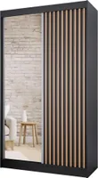 2-türig Kleiderschrank mit Lamellen Paulo stilvoll Schiebtürenchrank mit Spiegel für Kleidung modern Schwebetürenchrank mit Regale und Kleiderstange, Farbe: Schwarz, Schwarz, Breite: 120 cm