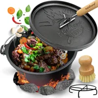 holz4home® Dutch Oven Set ohne Füße I 12L Feuertopf Gusseisen I Inkl. Deckelheber, Reinigungsbürste & Untersetzer I Schmortopf zum Camping