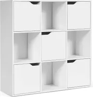 Bücherschrank mit 9 Faechern, Bücherregal Würfelregal mit 5 Türen, Holz Standregal Büroregal freistehend, Aufbewahrungsregal für Bücher, DVDs, Spielzeuge (weiss)