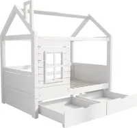 Kinderbett mit 2 Schubladen und Lattenrost, 80x160 cm, Hausbett inkl. Rausfallschutz, Holzbett aus Kieferholz, Einzelbett