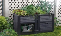Hochbeet mit Staufächern in Holzoptik, Volumen max. 400 l, Tragkraft 204 kg, 2 Wasserablauf-Systeme, 4 Klapptüren, Kunststoff, Beet, Hochgarten