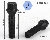 Kolový šroub M14x1,25x55 kuželový, klíč 17, C17F55-ZNNI, černé, výška 78,5