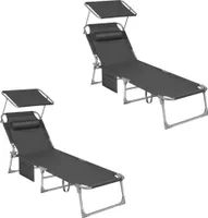 SONGMICS 2-er Set Sonnenliege, klappbarer Liegestuhl, mit Seitentasche, 53 x 193 x 29 cm, bis 150 kg, Kopfstütze, verstellbarer Rückenlehne Dunkelgrau