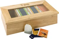 APS Teebox, Aufbewahrungsbox für Teebeutel, Holzbox mit Sichtfenster für Tee, Aufschrift Tee auf der Box, vier Kammern für Teebeutel, braun, 20 x 33,5 cm, 9 cm Höhe