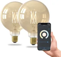 Calex Smart Lampe Filament, E27 Globe G125 Gold, 2er Set, WLAN Lampe mit Alexa SprachSteuerungg und Google Home, 7W Warmweißes Licht