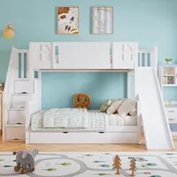 Flieks Etagenbett 90x200cm/120x200cm mit Rutsche, Kinderbett mit Schubladen, Hochbett für 2 Kinder, Stockbett Holzbett mit Stauraumtreppe, Weiß