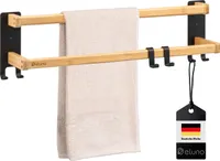 eluno Handtuchhalter mit 2 Handtuchstangen und 6 Haken - selbstklebende Handtuchstange, aus schwarzem Metall und Bambus