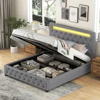 Flieks Čalúnená posteľ 140x200 cm, hydraulická posteľ Boxspring s USB, Bluetooth prehrávačom a LED diódou, manželská posteľ s lamelovým rámom, úložná posteľná bielizeň, sivá