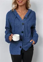 ASKSA Damen Langarm Grobstrickjacke Kordelzug Kurz Strickjacke Herbst Winter Strickmantel mit Kapuze, Blau, L