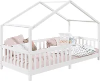 Hausbett LISAN aus massiver Kiefer in weiß, schönes Montessori Bett in 90 x 200 cm, stabiles Indianerbett mit Rausfallschutz und Dach