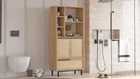 Skye Decor, On9C-Su, Badezimmerschrank, 100 % MELAMINBESCHICHTETE SPANPLATTEN, Nussbaum, 74,8 x 35,5 x 161,6 cm