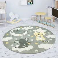 Kinderteppich Teppich Kinderzimmer Spielmatte Rutschfest Stern Wolke Mond Grau Weiß Grösse 80 cm Rund