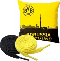 Borussia Dortmund BVB Kissen mit Skyline (40x40cm) + 2 Paar Fan-Schnürsenkel 2# 5#