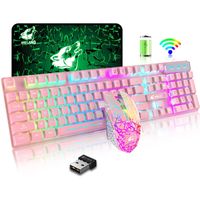 2,4 G LED Gaming Mechanisch Tastatur Maus Kabellos USB Set Wiederaufladbar(Rosa)