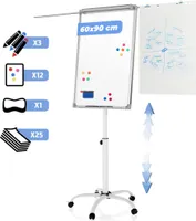 Jago® Flipchart mit Sternfuß - 60 x 90 cm, höhenverstellbar, ausziehbare Papierhalter Staffelei, Stiftablage, mit Zubehör - Magnetisches Whiteboard, Magnettafel, Präsentationstafel, weiße Magnettafel