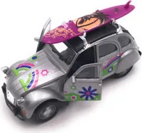 Onwomania 2CV Modellauto in Silber Surfbrett Dach Flower Mst. 1:34