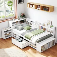 MODFU Schlafsofas Jugendbett 90x200cm, Holzbett  mit Schubladen und Lattenrost, Kinderbett mit Bücherregal und Stauschrank, großer Stauraum, weiß