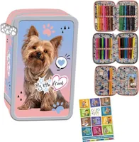 Federmäppchen 3 Fächer - Mäppchen für Mädchen - Federmappe 3-Fach Federtasche Gefüllte Schüleretui 43-teilig  Schulmäppchen und Hausaufgabenheft Hund