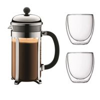 BODUM CHAMBORD Piston Coffee Set - 8 Tassen - 1L - Grau - Mit 2 doppelseitigen Gläsern Pavina 0,35l